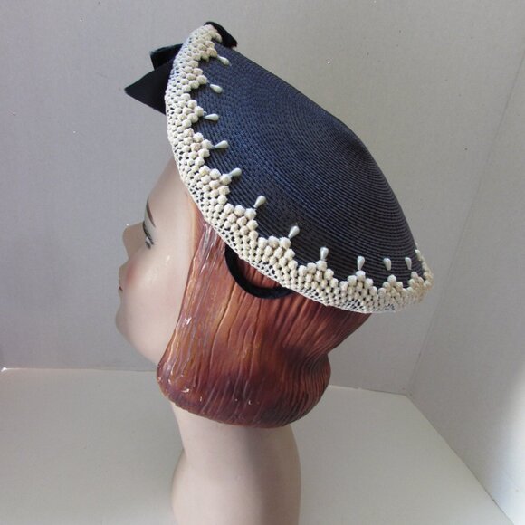 SALE Vintage Mid Century Hat Navy Weave White Trim Tear Drop Shape - Picture 3 of 13